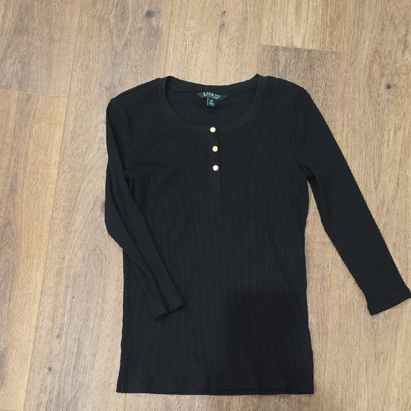 Ralph Lauren Women's Black Ribbed Top with Gold Button 3/4 Sleeve Size Small - Picture 1 of 2